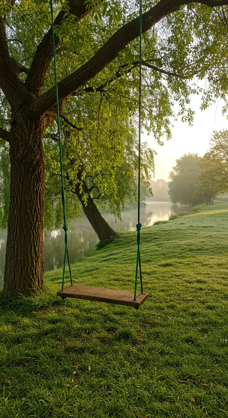 Boomstam-schommel met groene touwen aan boom bij waterkant, mistige ochtend.