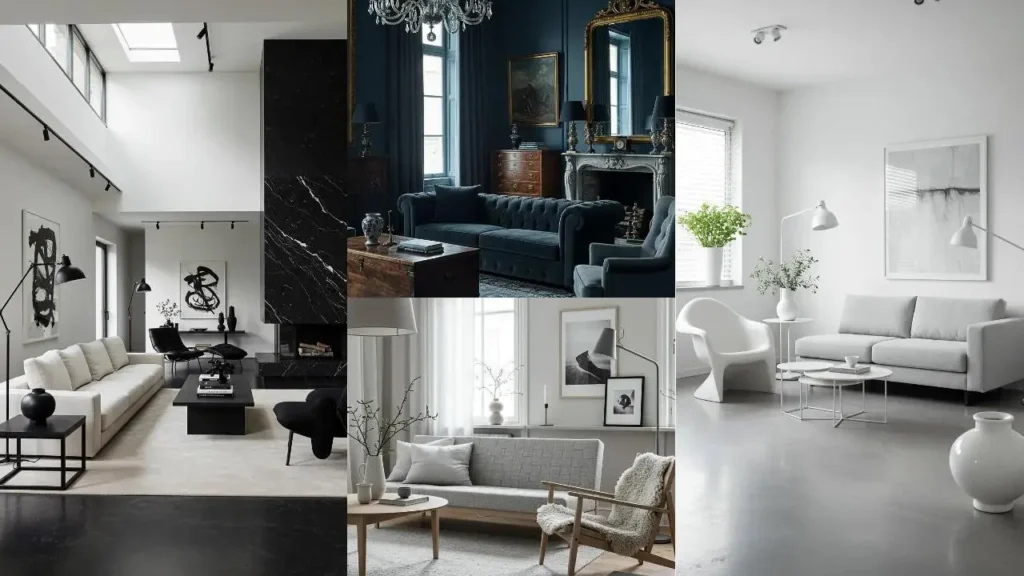 Collage van luxe en rustige, monochrome woonkamers met diverse stijlen en designs.