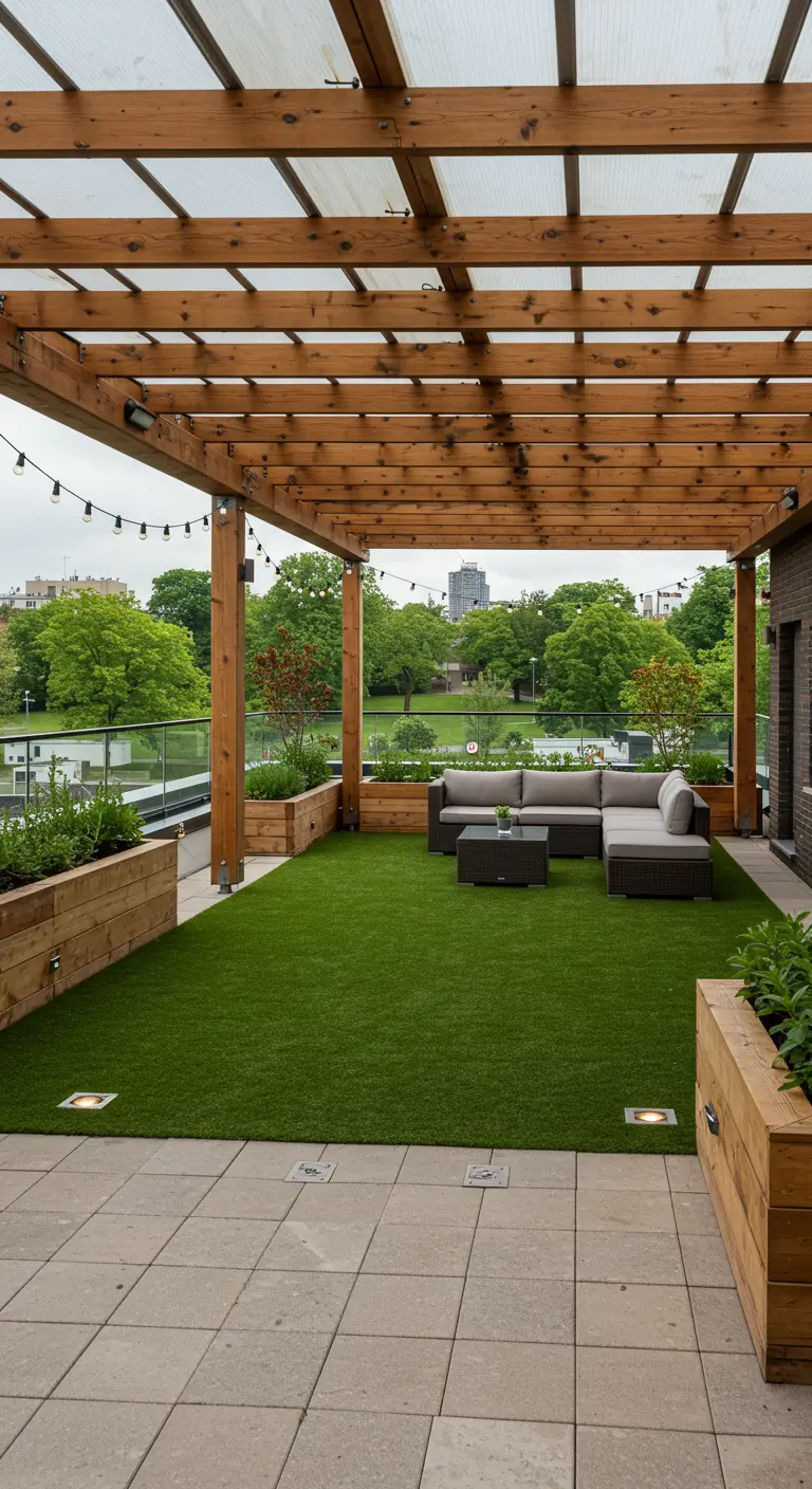 Grote daktuin met houten pergola, kunstgras, loungehoek en uitzicht op groen park.