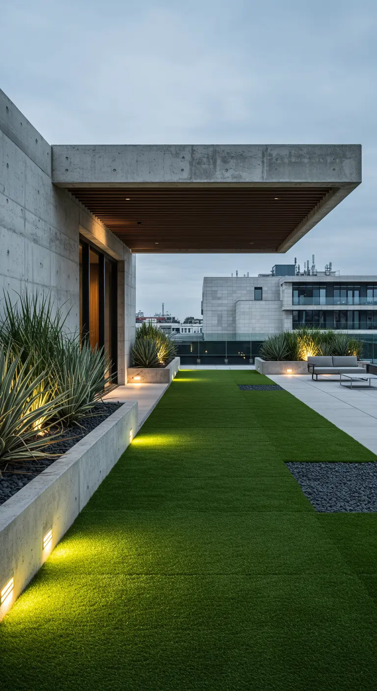 Minimalistische daktuin met betonnen elementen, kunstgras, plantenbakken en vloerverlichting.