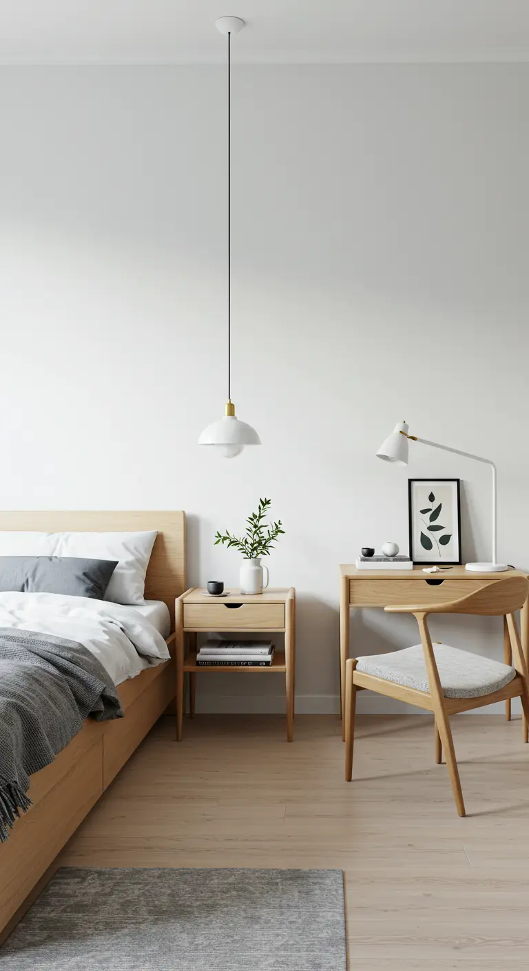 Minimalistische Scandinavische slaapkamer met licht houten bed, witte muren en subtiele decoratie.