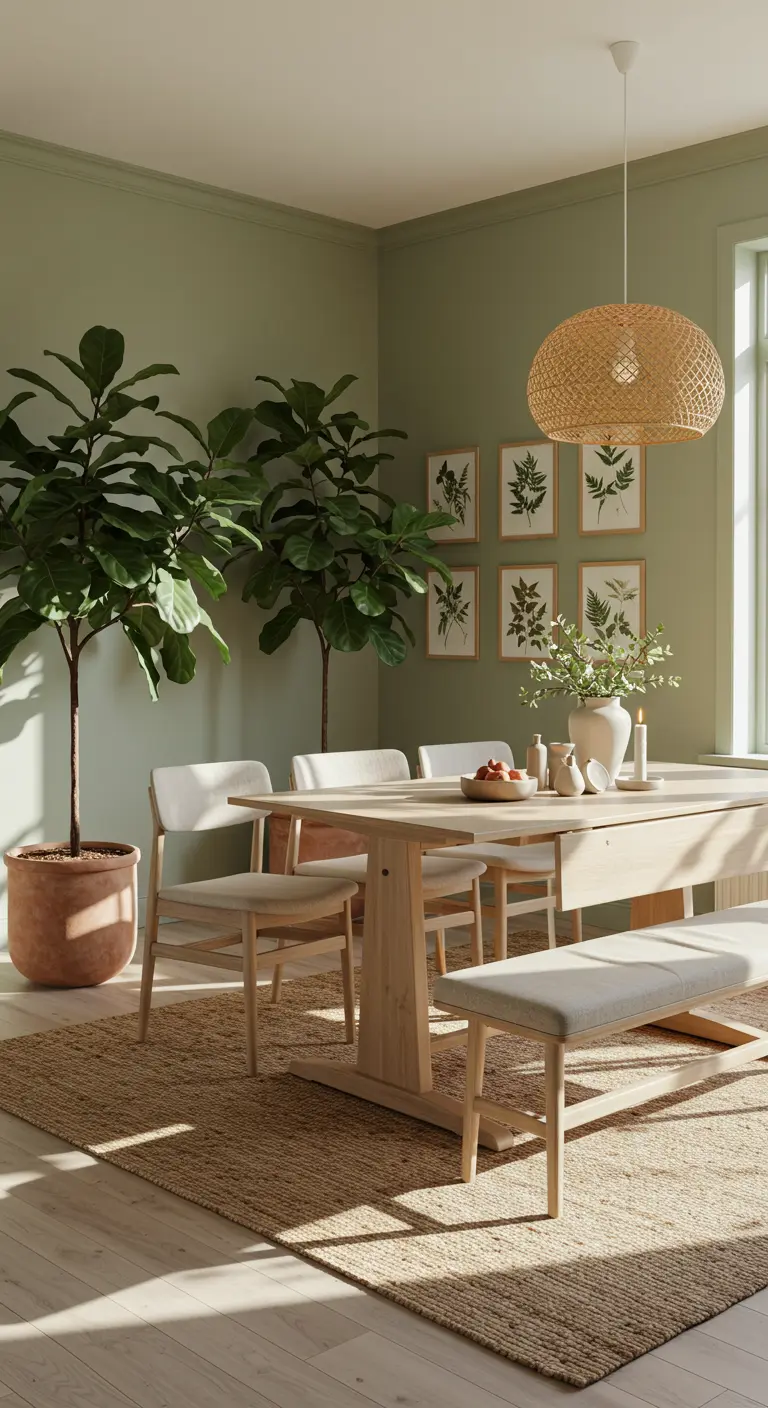 Eetkamer met lichtgroene muren, houten eettafel, witte stoelen en bankje, grote planten, botanische prints en rotan lamp.