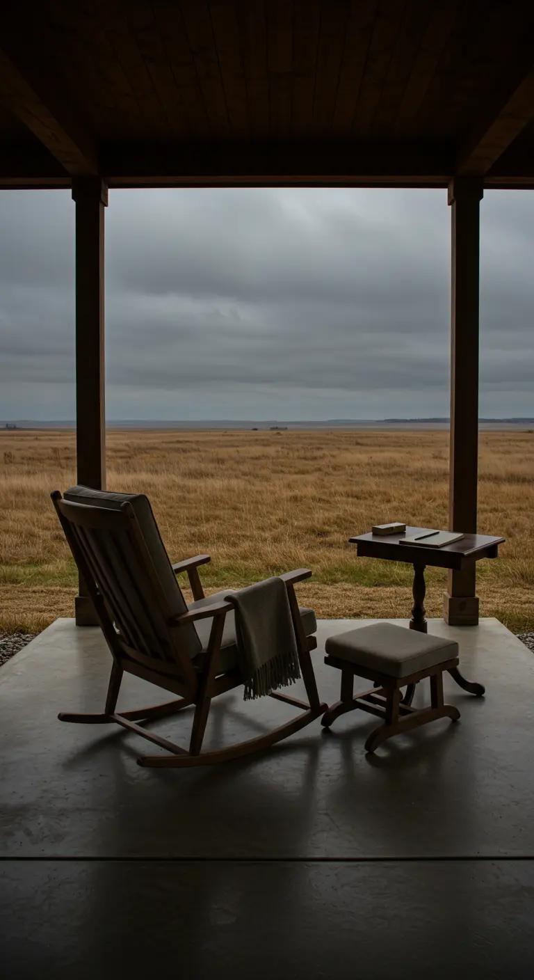 Houten schommelstoel met plaid en bijzettafel op een betonnen veranda met uitzicht op een uitgestrekt, bewolkt veld.
