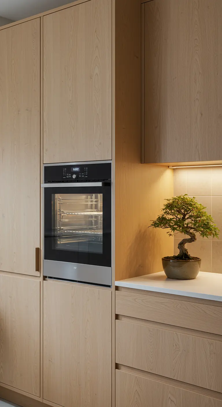 Ingebouwde oven in lichte houten kastenwand, met een bonsaiboompje ernaast.