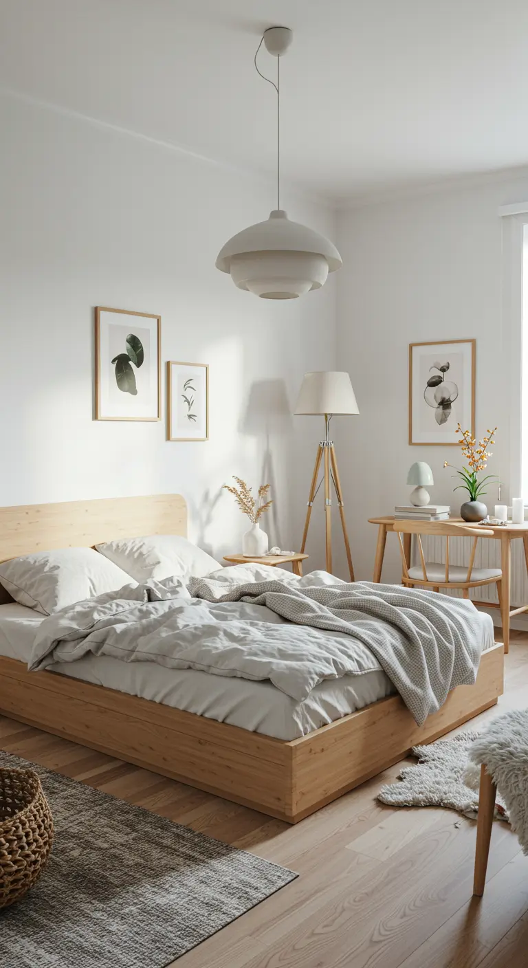Scandinavische slaapkamer met licht houten bed, witte muren en natuurlijke decoraties.