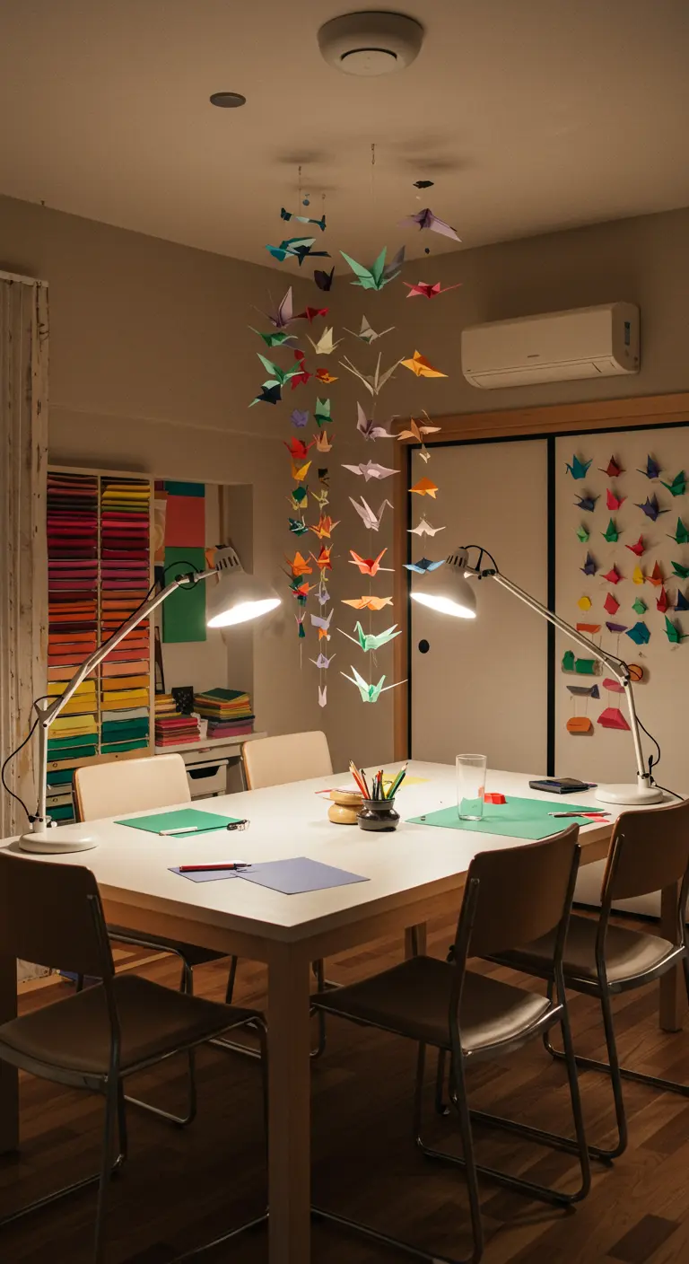 Werktafel met lampen, papier en benodigdheden voor origami, met een mobiel van gekleurde kraanvogels.