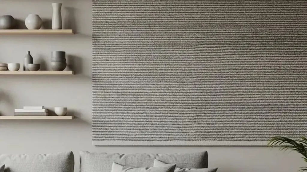 Rustgevende, grafische print met horizontale lijnen en decoratieve objecten op planken.