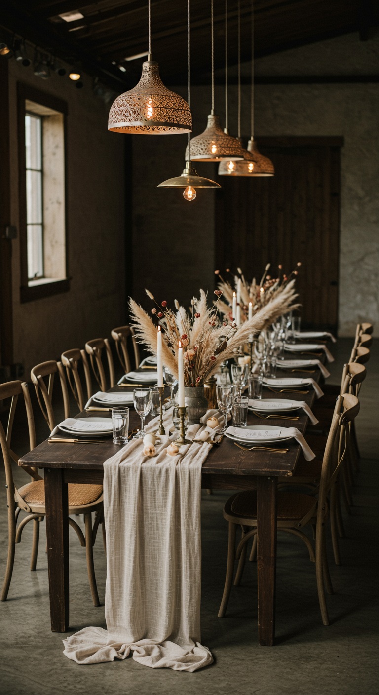 Lange, rustieke eettafel in boho-stijl met droogbloemen, kaarsen en linnen.