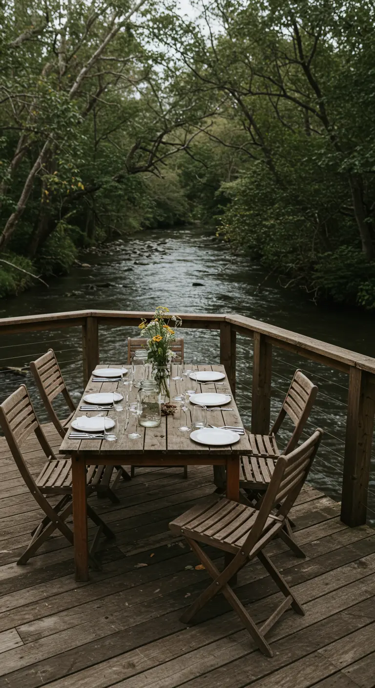 Eenvoudige houten ontbijttafel op vlonder aan een rivier met veldbloemen.