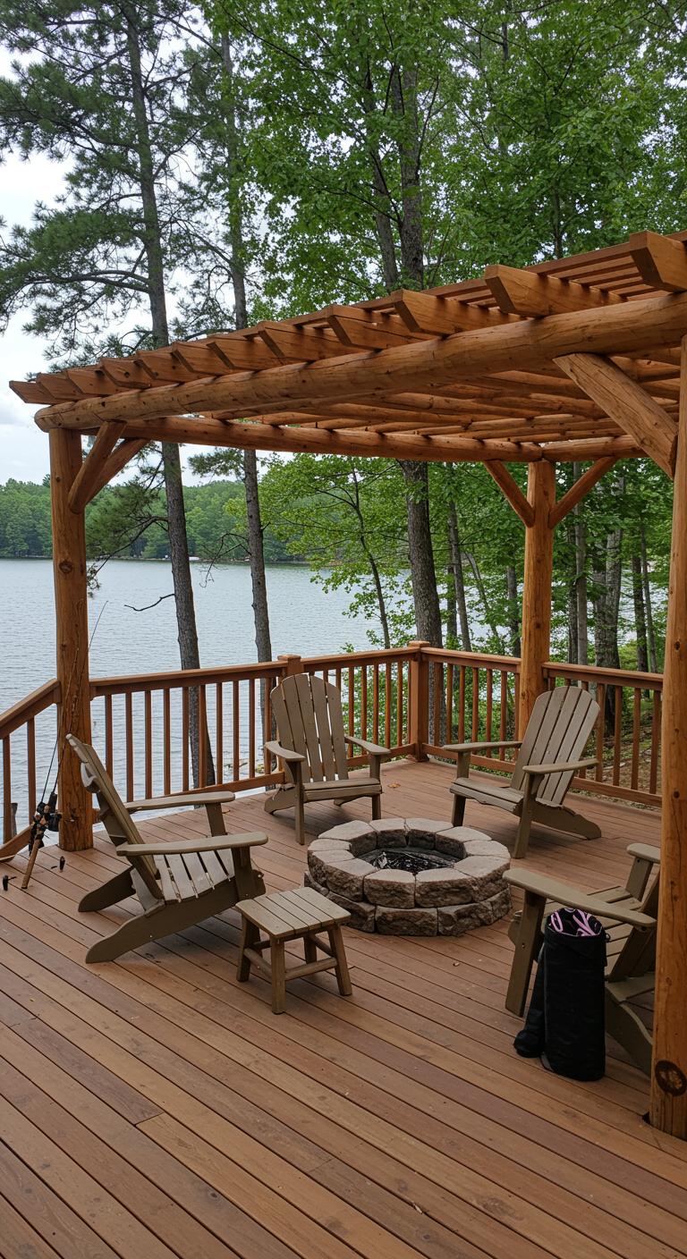 Houten pergola van boomstammen op een vlonder aan het water, met Adirondack stoelen en vuurplaats.