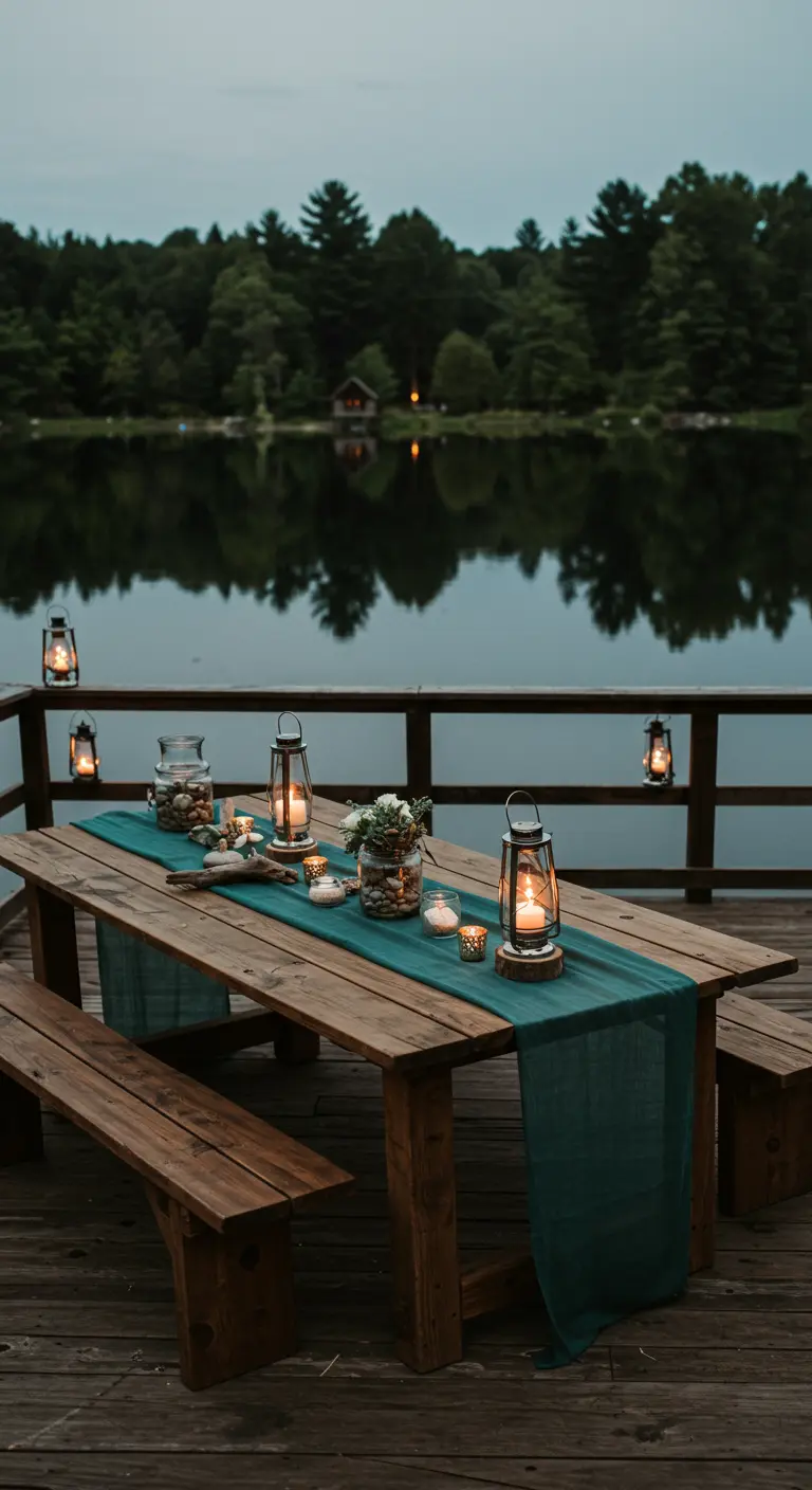 Houten picknicktafel aan een meer met groene loper, stenen en lantaarns