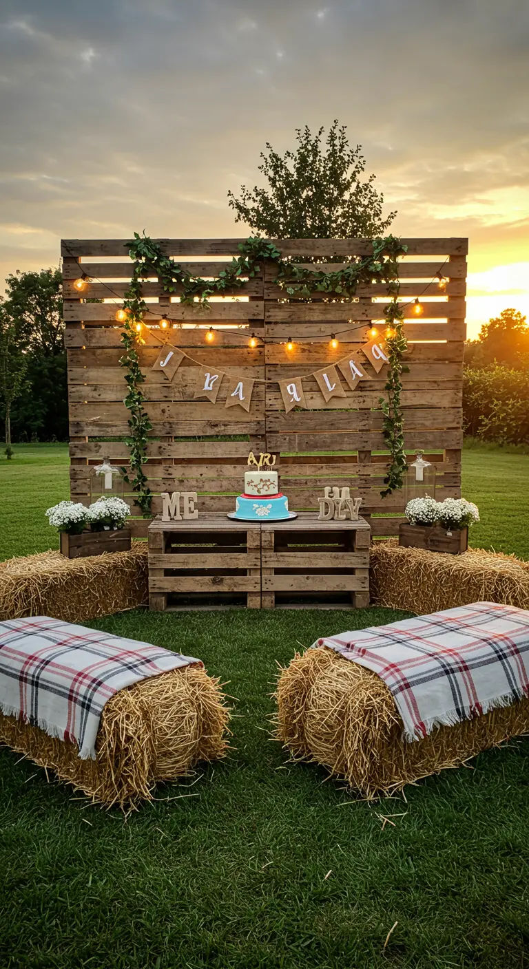 Rustieke backdrop van houten pallets met lichtjes, slingers en hooibalen in een tuin.