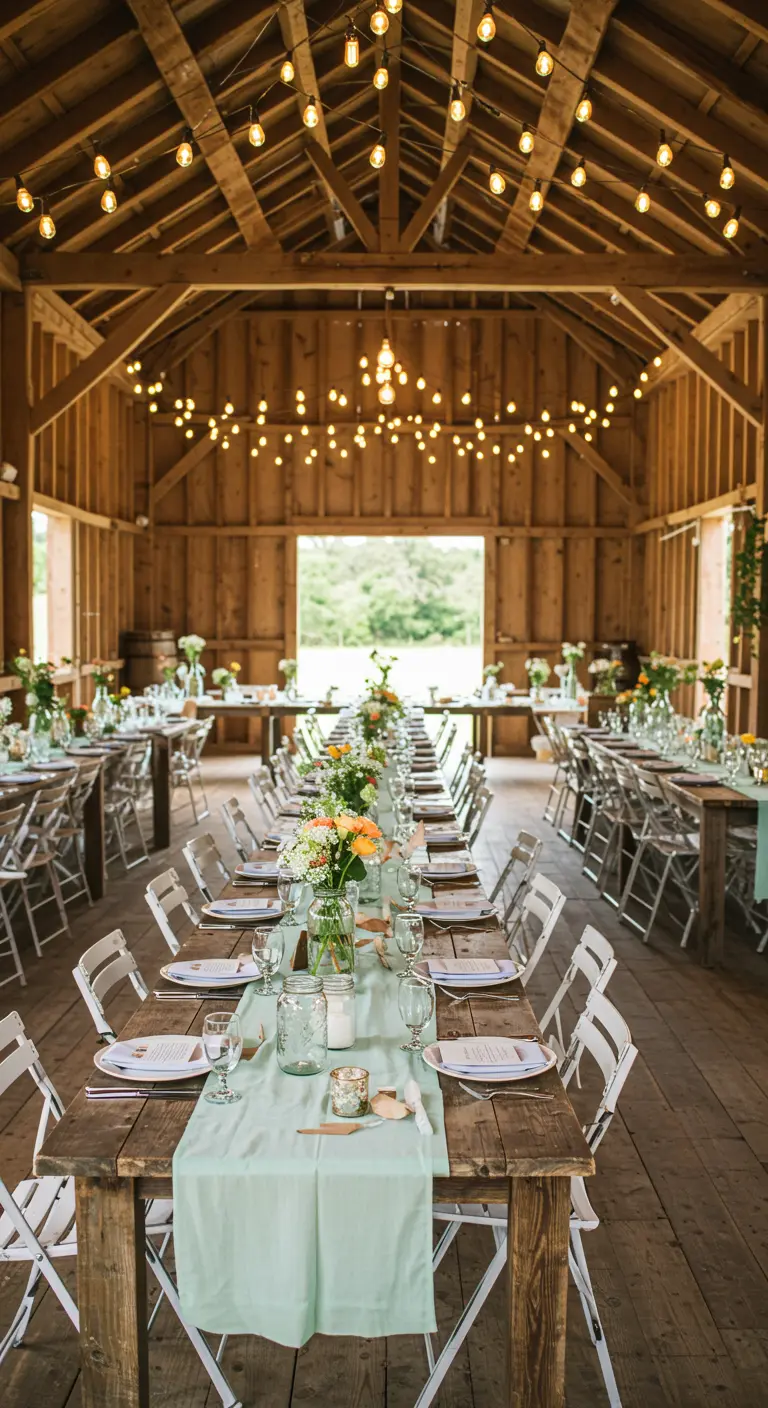 Lange houten tafels met mintgroene lopers en string lights in een rustieke schuur.