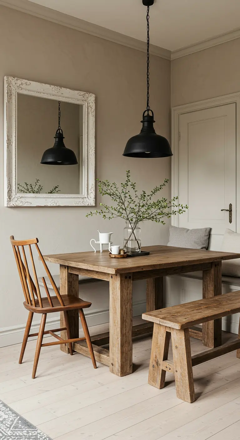 Rustieke eethoek met houten tafel en bank, grote witte spiegel en zwarte industriële hanglamp.