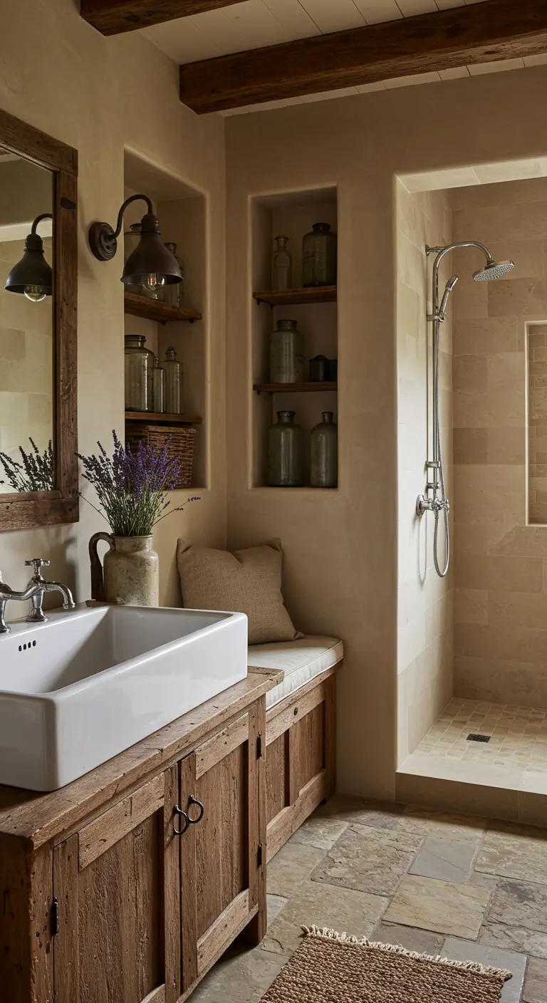 Rustieke badkamer met beige muren, houten meubels, nisssen en een ingebouwde zitbank.