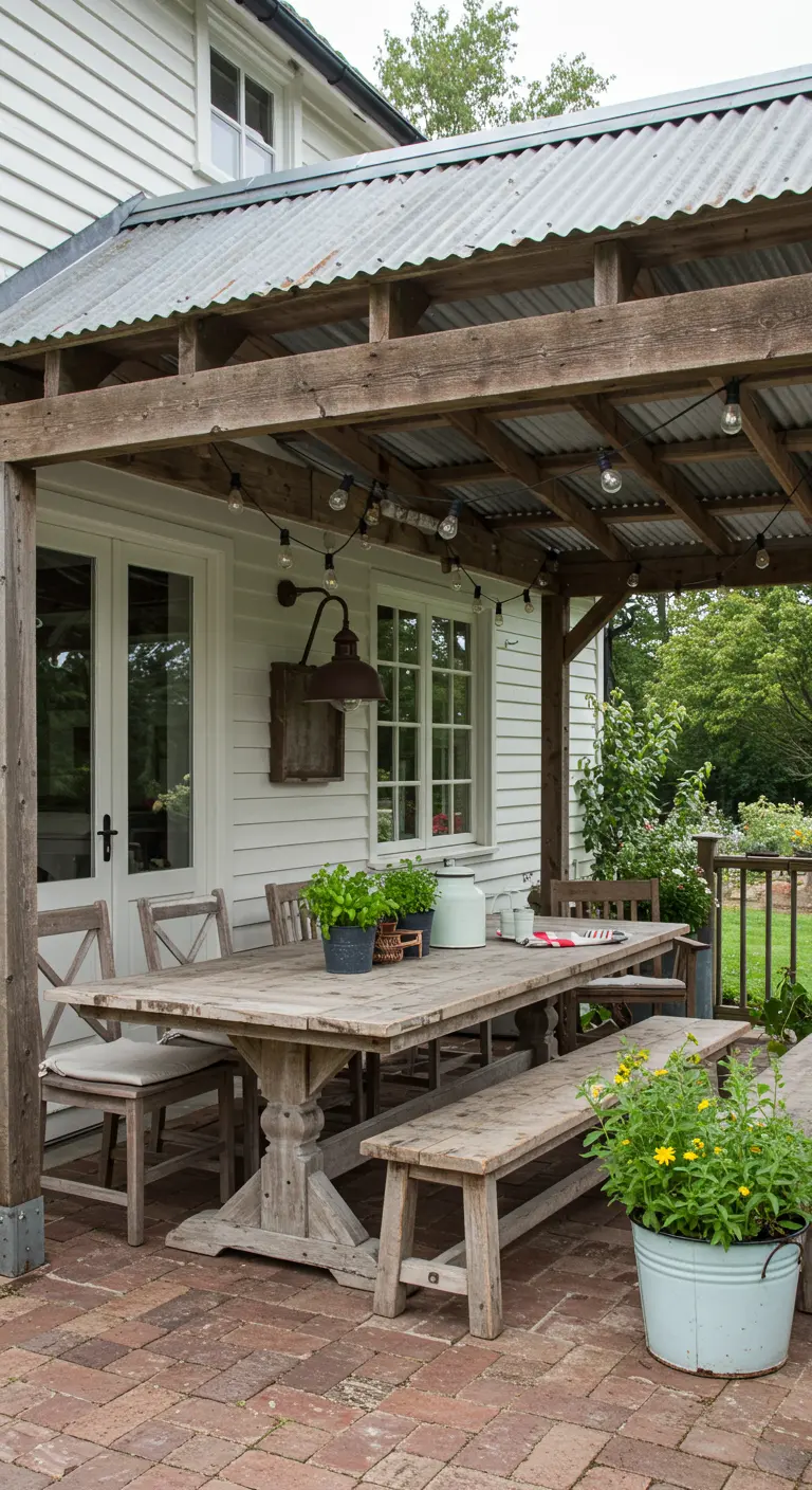 Rustieke houten pergola met lange eettafel, banken, stoelen en lichtslingers.