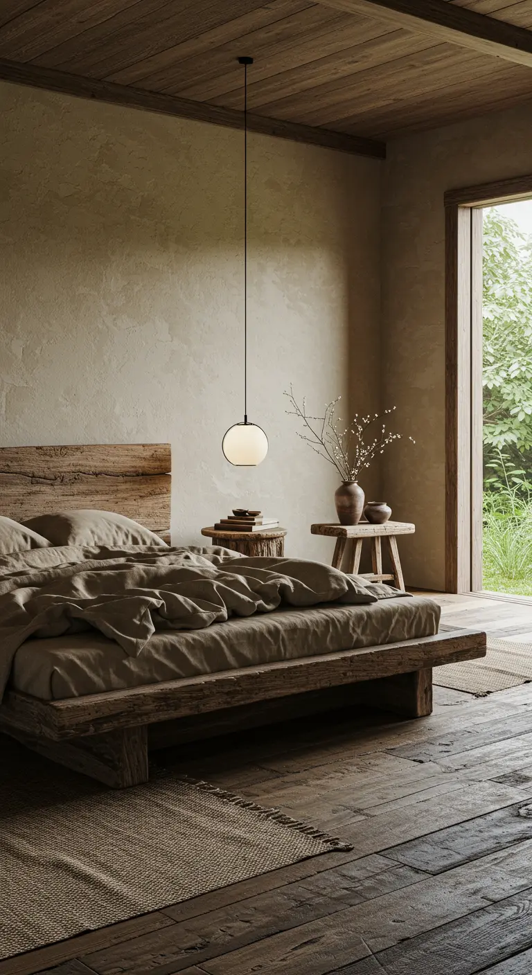Japandi slaapkamer met rustiek houten bed, beige muren en open deur naar tuin.