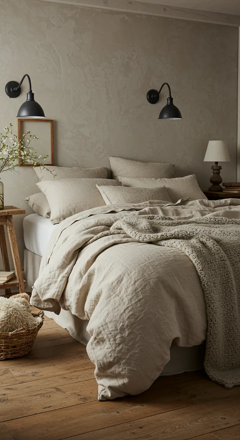 Bed met naturel linnen beddengoed en gebreide plaid tegen een muur met betonlook.