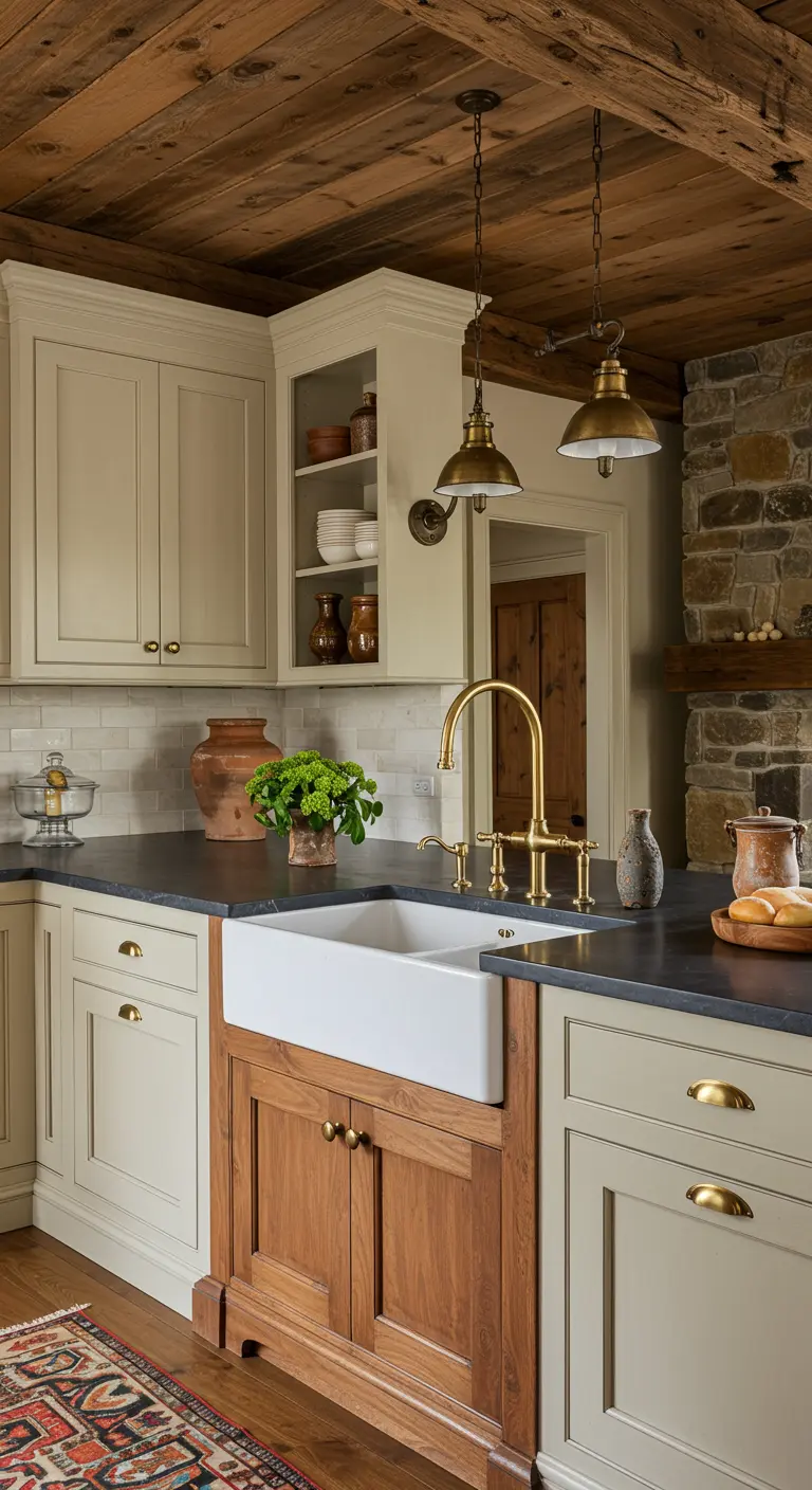 Rustieke keuken met houten plafond, stenen muur, gouden kraan en gouden knoppen.