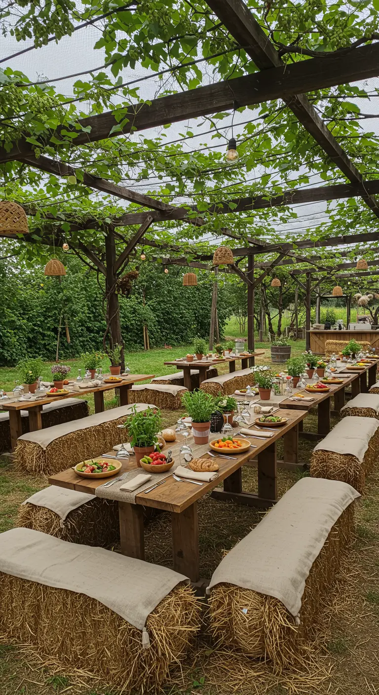 Lange houten tafels met hooibalen als zitplaatsen onder een pergola met druivenranken.