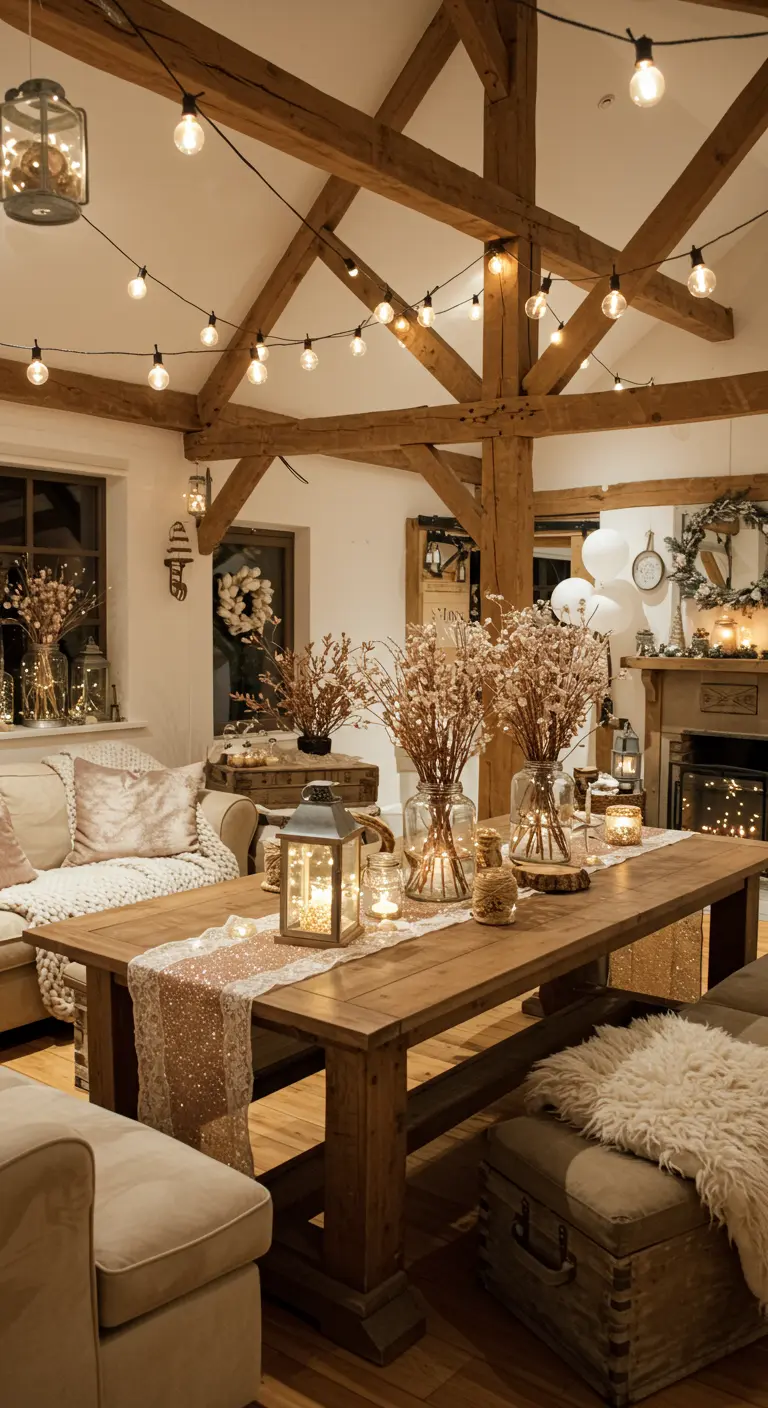 Rustieke eetkamer met houten balken, lichtslingers en warme lantaarnverlichting.
