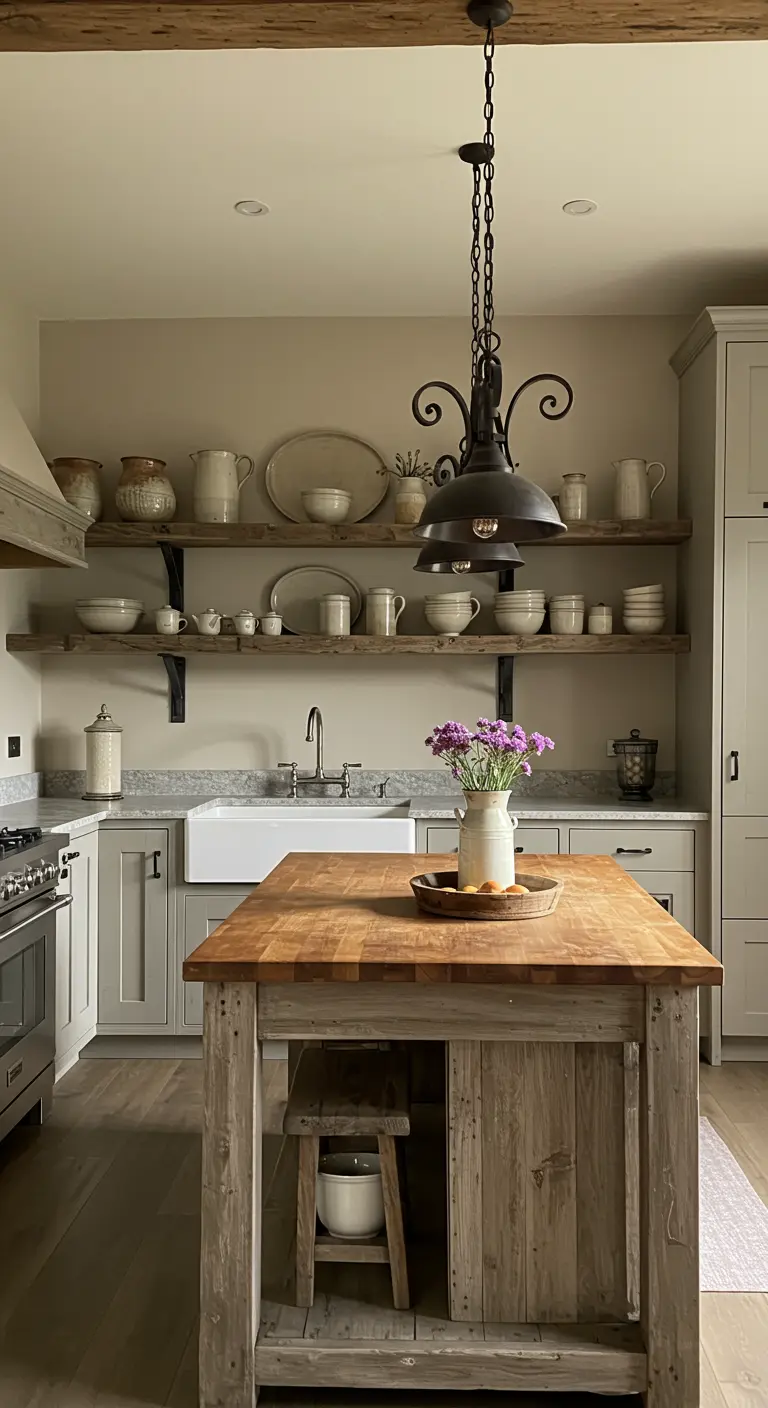 Landelijke keuken met grijze kasten, open houten planken en een robuust houten kookeiland.