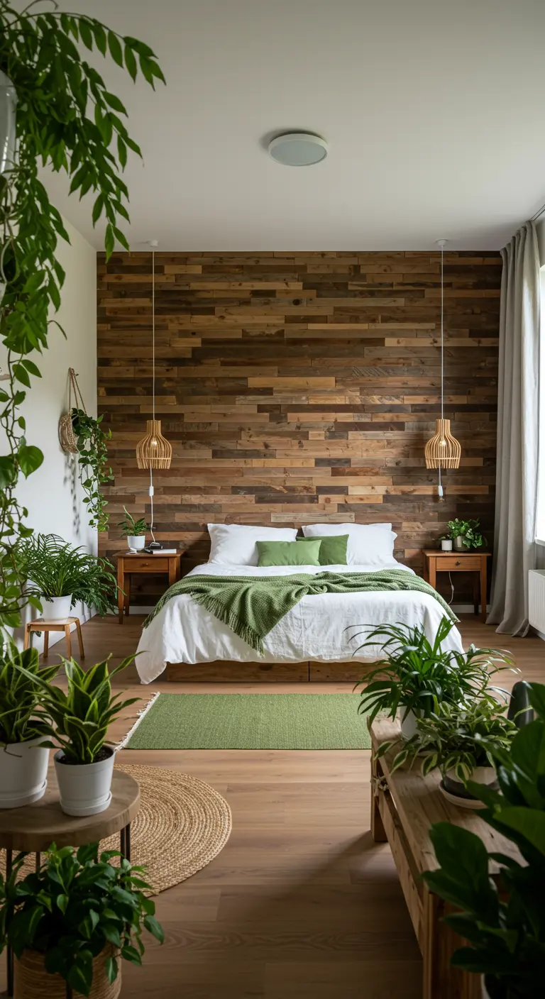 Rustieke slaapkamer met horizontale houten plankenwand en veel groene kamerplanten.