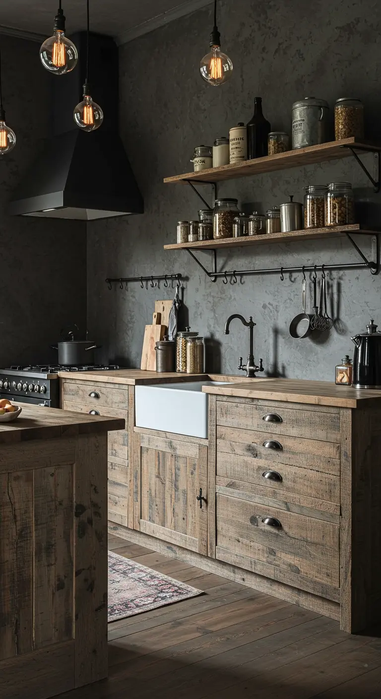 Rustieke keuken met verweerd houten kasten en een donkergrijze muur.