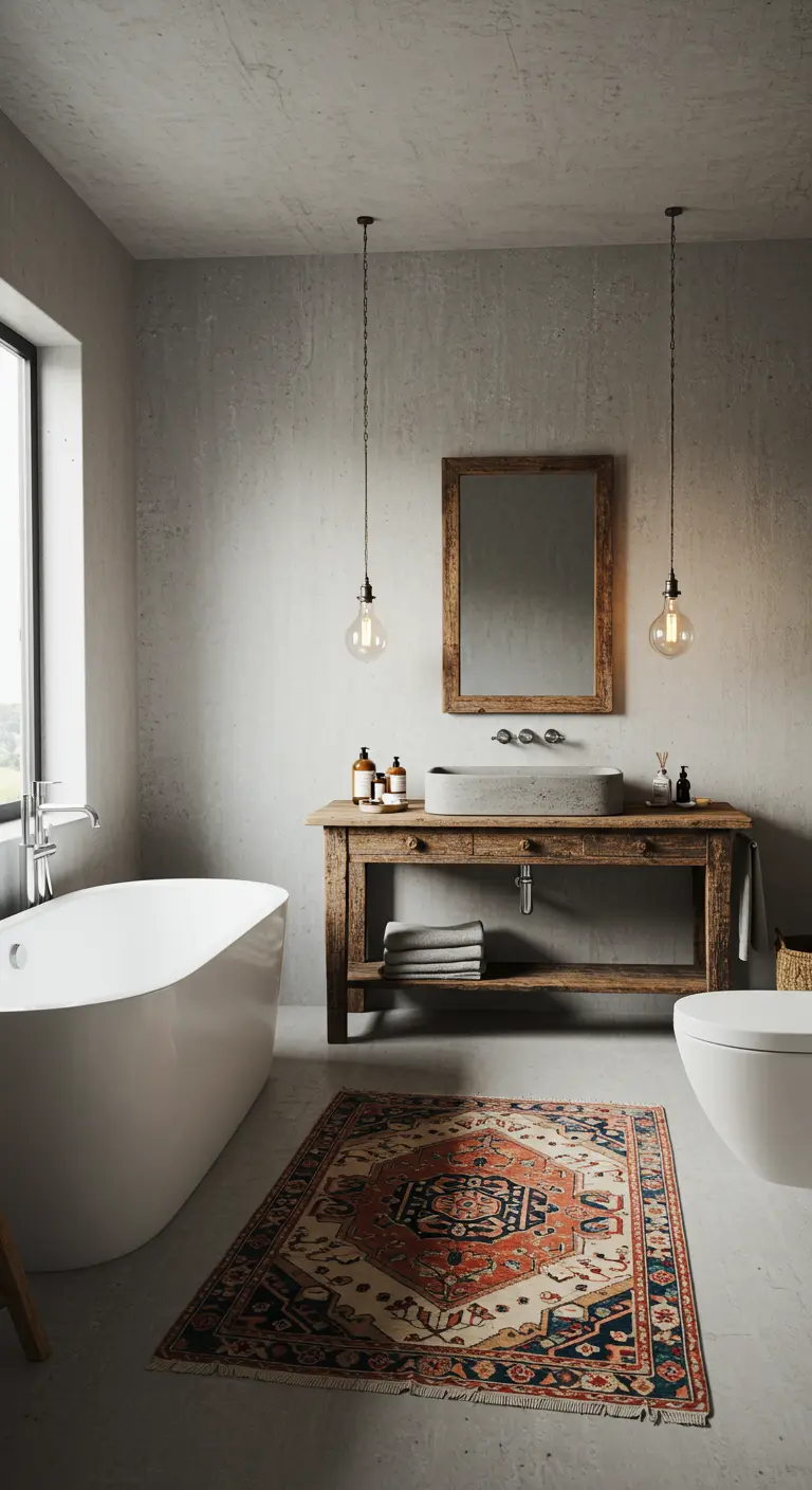 Badkamer met betonlook muren, rustiek houten meubel en Perzisch tapijt.