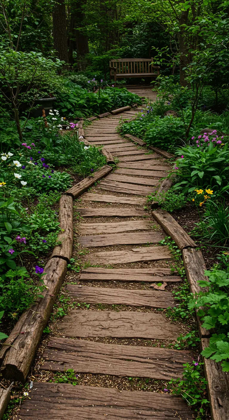 Gebogen houten pad van planken, met boomstamranden, in bloemrijke tuin.