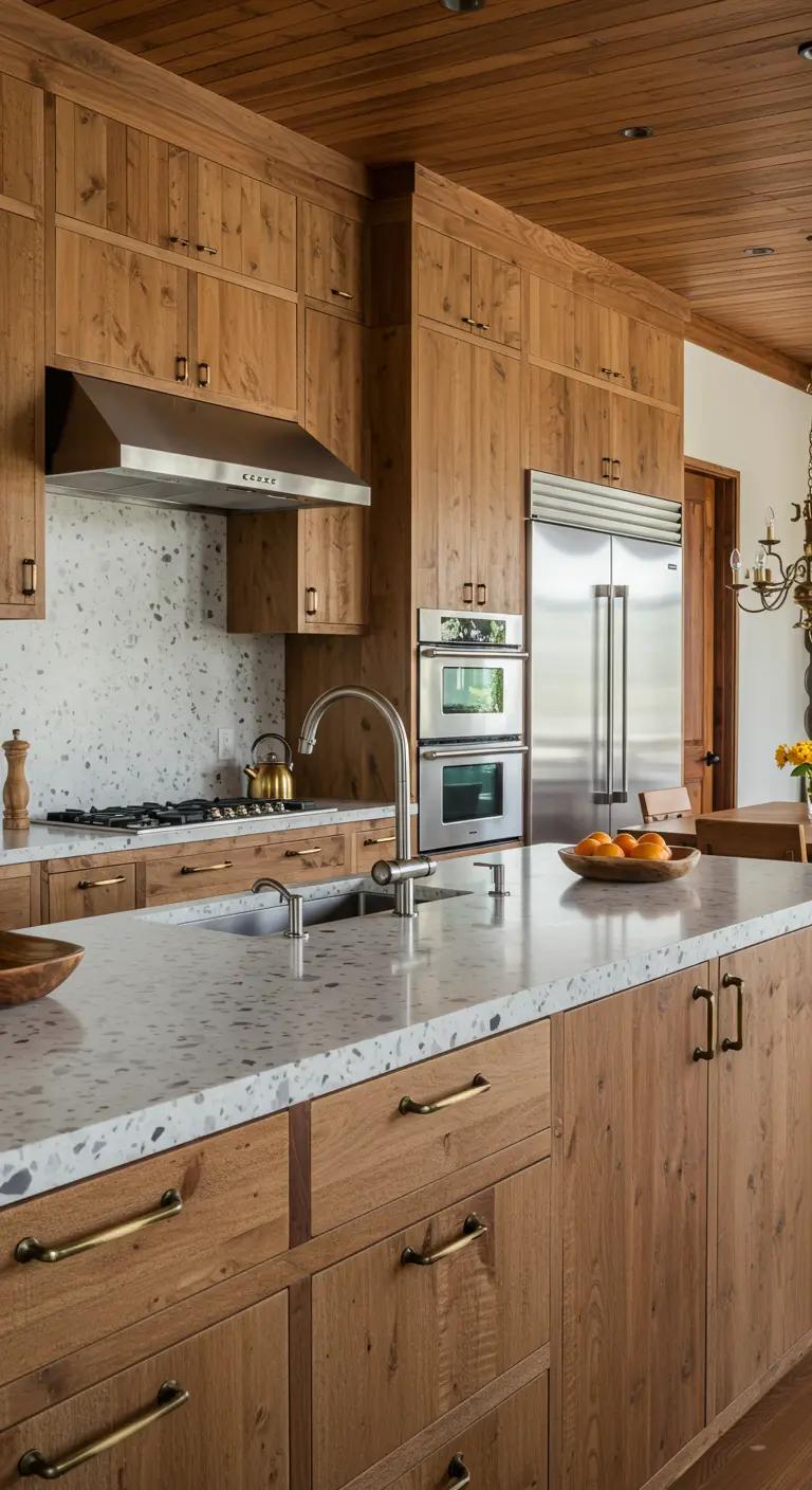 Rustieke houten keuken met terrazzo werkblad, antiek messing handgrepen en kraan.