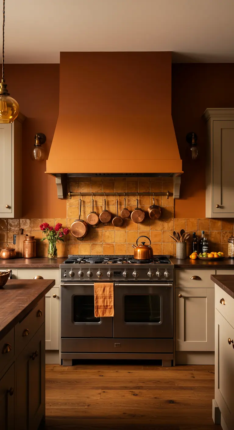 Landelijke keuken met een grote koperkleurige afzuigkap, oranje muur en hangende koperen pannen.