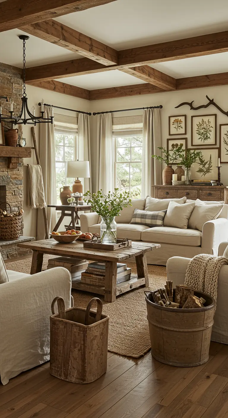 Rustieke boho woonkamer met houten balken, stenen schouw en meubels van verweerd hout.