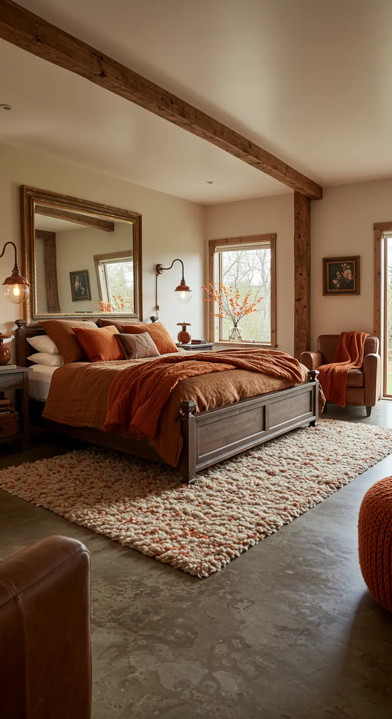 Slaapkamer met houten balken, groot gouden spiegel, oranje beddengoed en zacht tapijt.