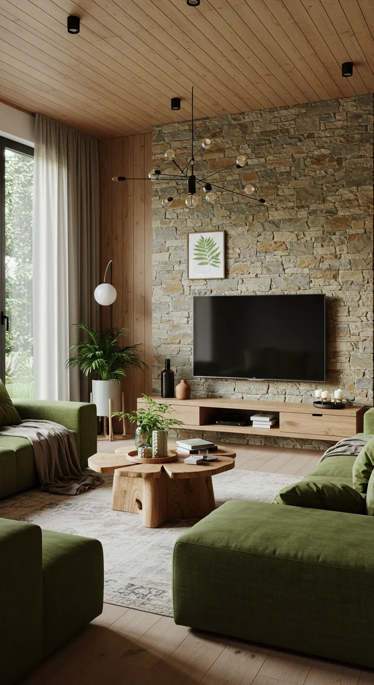 TV-hoek met natuurstenen accentmuur, houten plafond en groene bank.