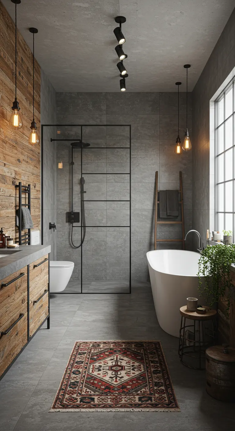 Badkamer met grijze tegels, houten wand, industriële douchewand en Perzisch tapijt.