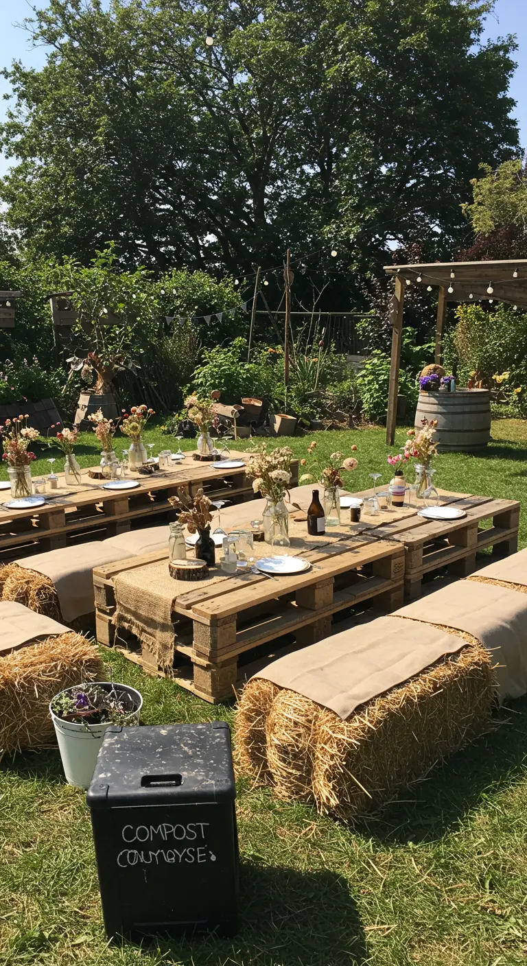 Lage tafels van pallets met zitplaatsen van hooibalen, gedecoreerd met veldbloemen.