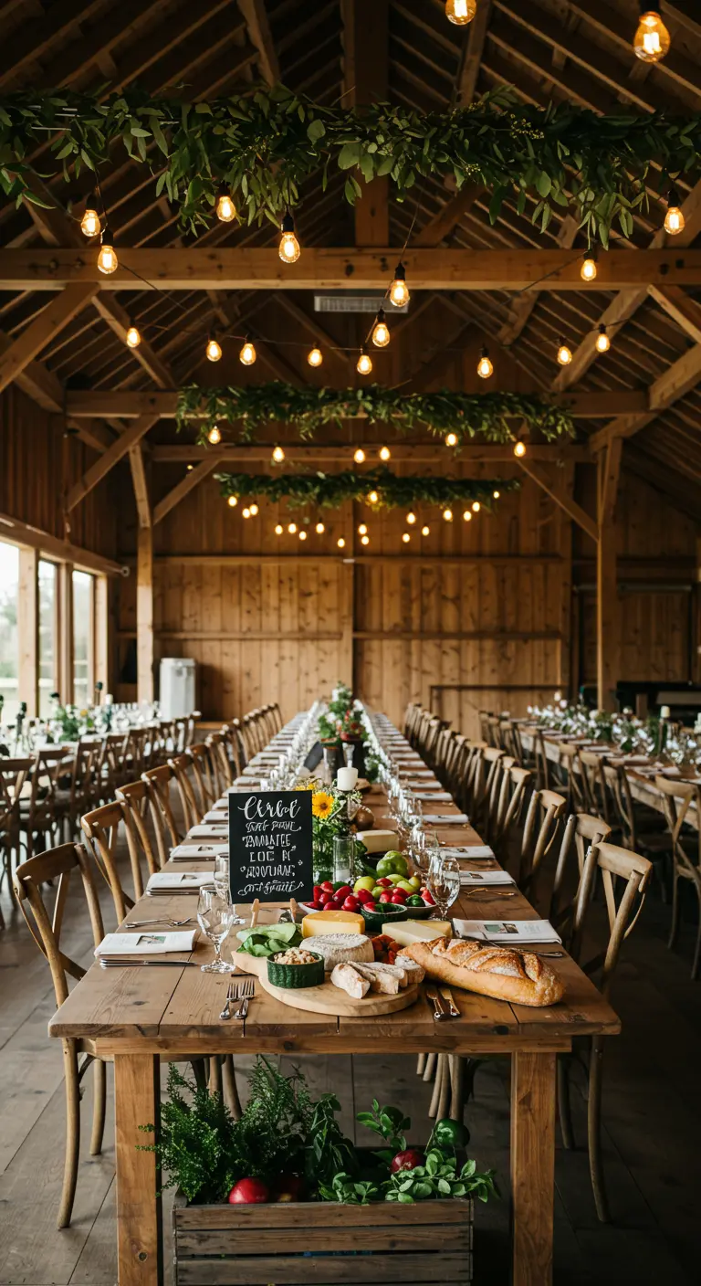 Rustieke trouwdiner setting met lange houten tafels, family-style eten en lichtslingers.