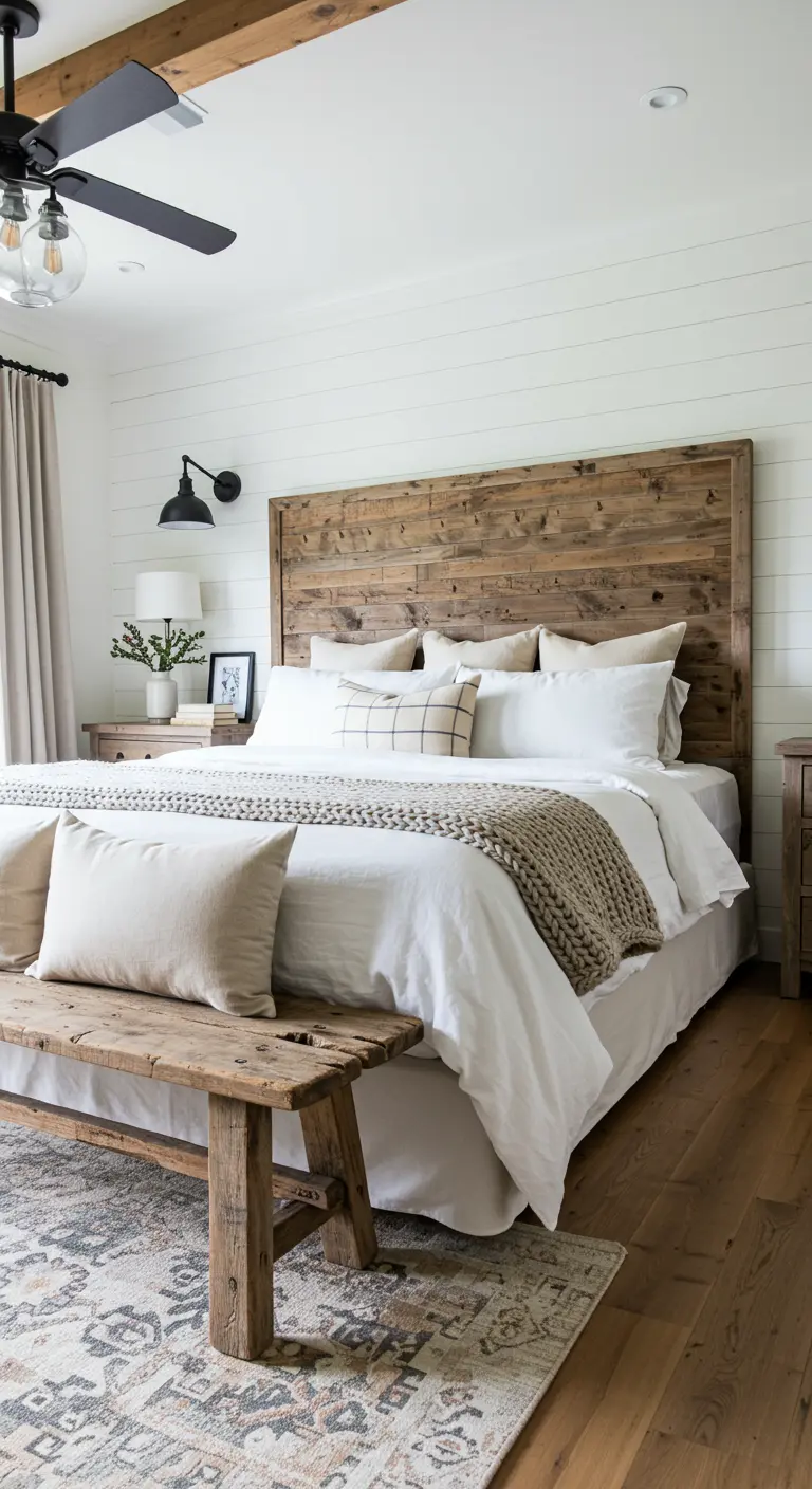 Landelijke slaapkamer met houten hoofdbord en rustiek houten bankje aan voeteneind.