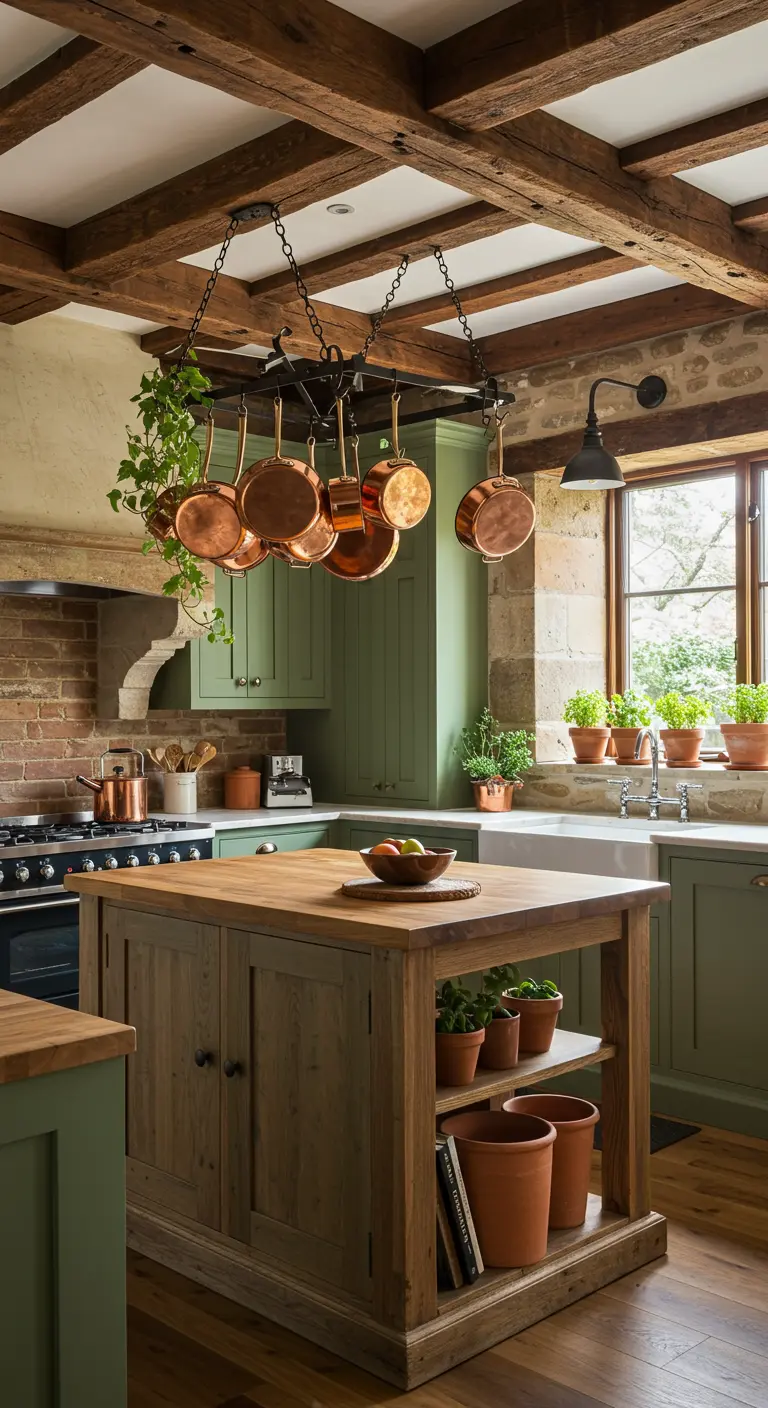 Rustieke olijfgroene keuken met houten balken, koperen pannen en diverse planten.