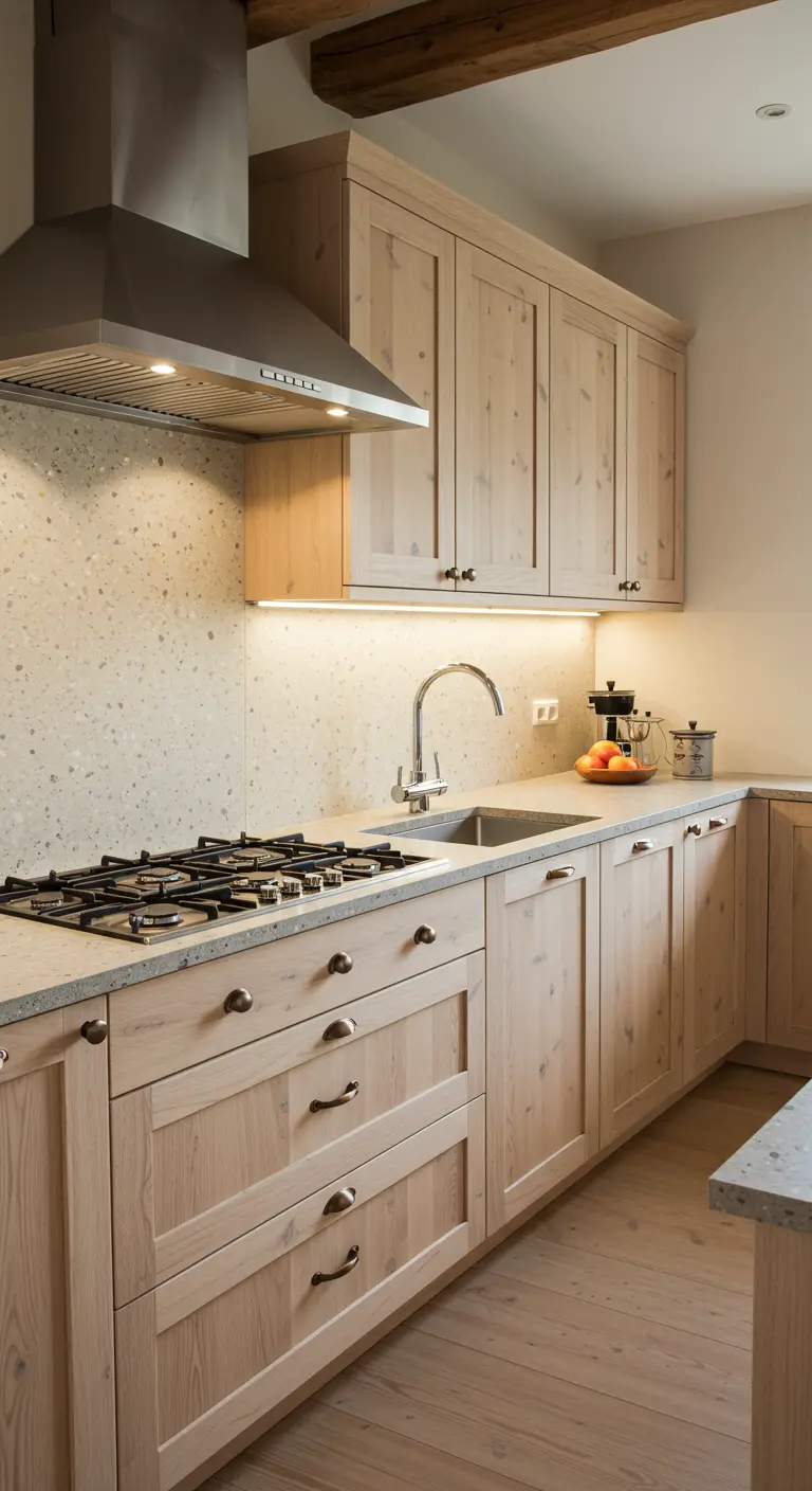 Rustieke licht houten keuken met terrazzo-look achterwand en stoere knoppen.