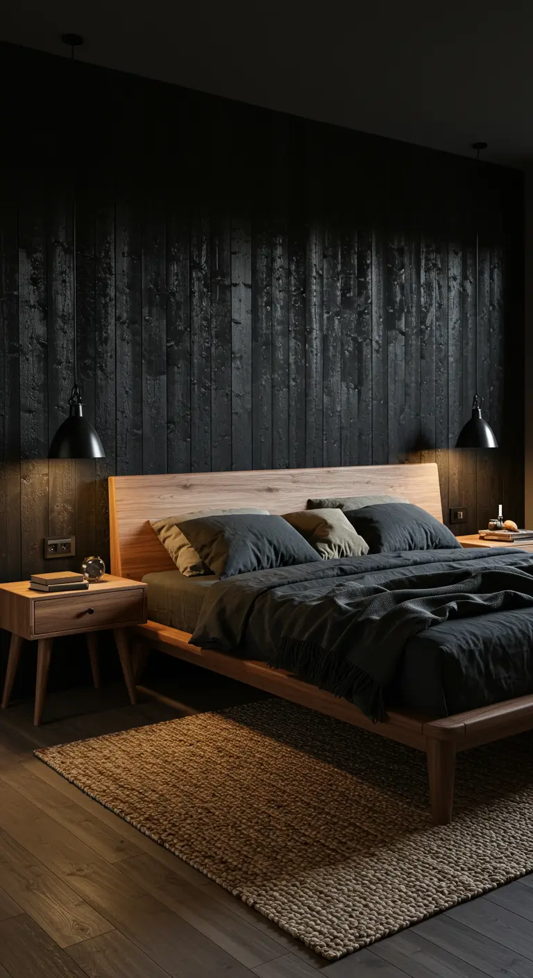 Rustieke donkere slaapkamer met een zwart houten accentmuur en een jute vloerkleed.