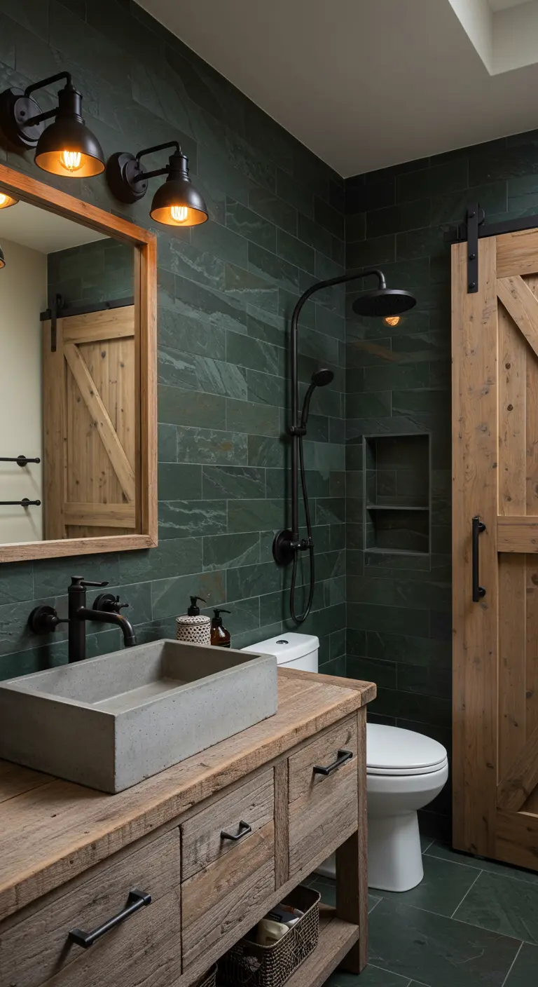 Rustieke badkamer met donkergroene leisteen tegels, houten meubel en barndeur.