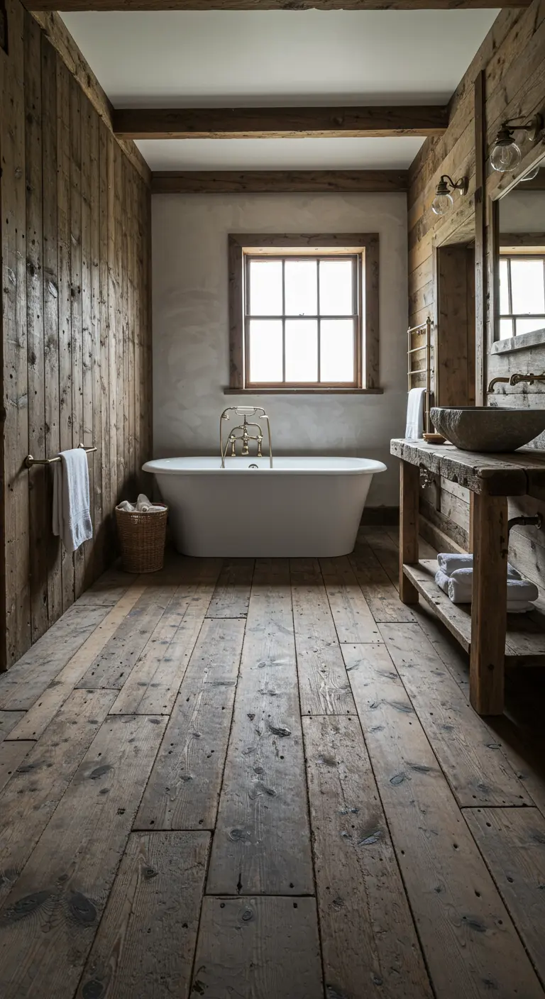 Wabi-sabi badkamer met rustieke houten vloer en wanden, en een wit vrijstaand bad.
