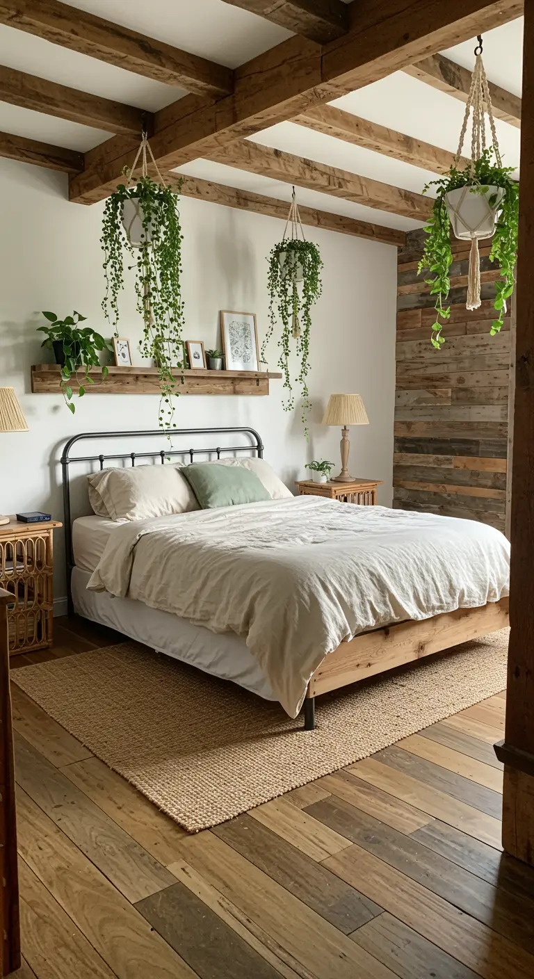 Slaapkamer met houten balken en wand, hangplanten, rotan nachtkastje en jute kleed.