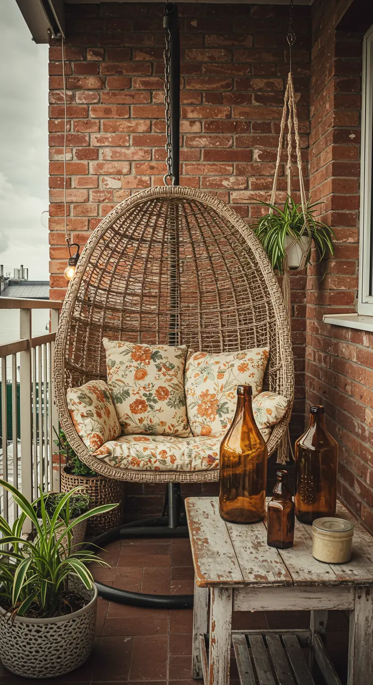 Rotan hangstoel tegen bakstenen muur met bloemenkussens en vintage flessen.