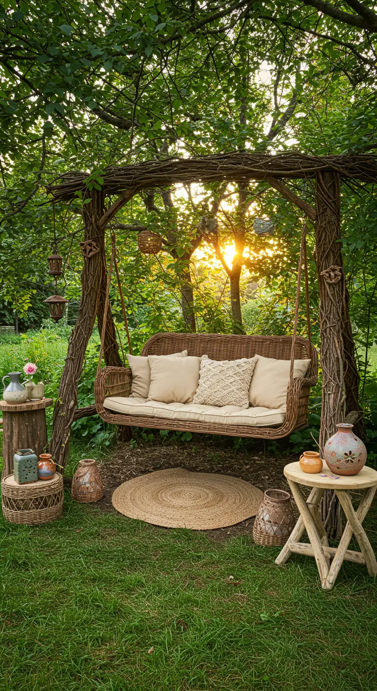 Rotan schommelbank met frame van takken in een natuurlijke tuinsetting bij zonsondergang.