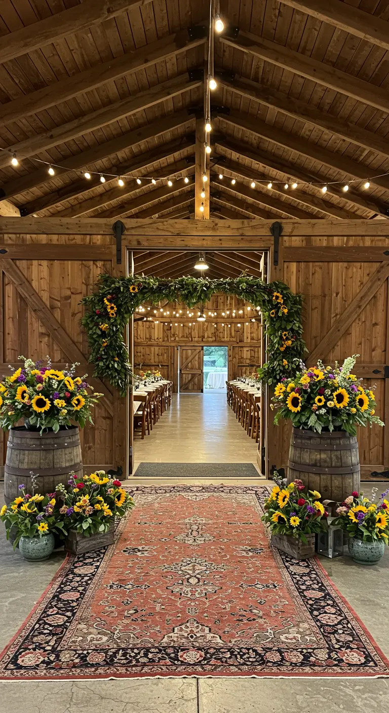 Rustieke schuurdeur versierd met zonnebloemguirlande, bloemen op whiskyvaten en vintage tapijt.