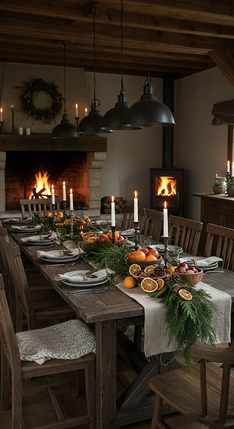 Lange rustieke eettafel met groene guirlande, fruit, gedroogde sinaasappels, en kaarsen.
