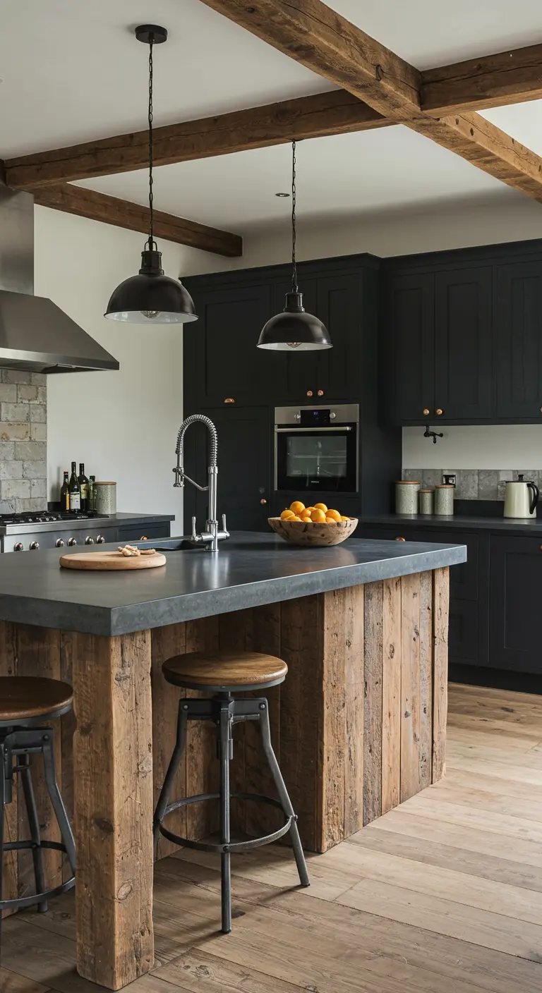 Zwarte keuken met eiland van rustiek hout, houten balken en industriële krukken.